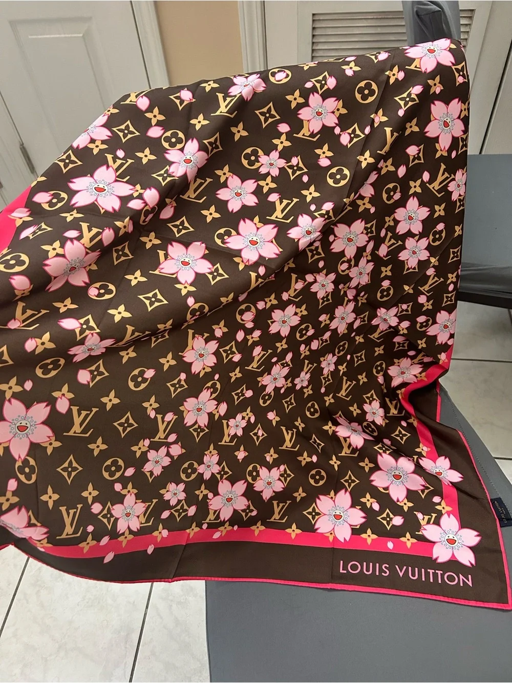 Louis Vuitton Brown & Pink Monogram Floral Silk Scarf